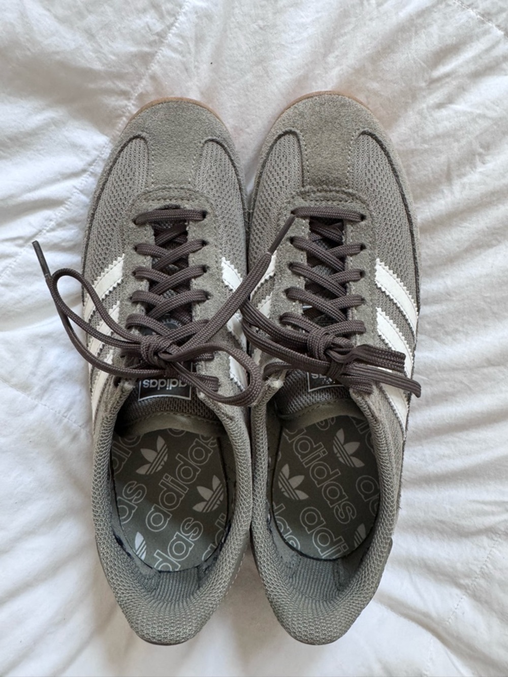 adidas Women’s Taupe Suede & Mesh Sneakers with White Stripes